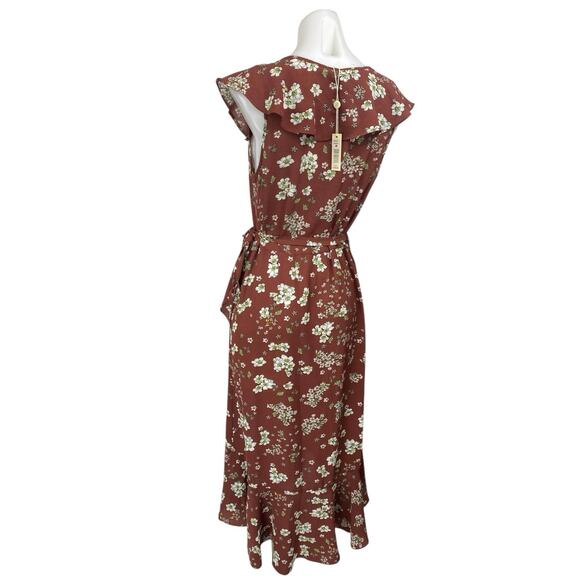 NEW Max Studio Brown Floral Ruffle Sleeveless Midi A-Line Wrap Dress $128 Size M - Picture 2 of 3